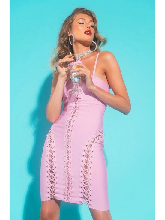 💥STUNNING!💥LIMITED EDITION LACE UP GOLDEN CHAIN BANDAGE DRESS in GORGE PINK